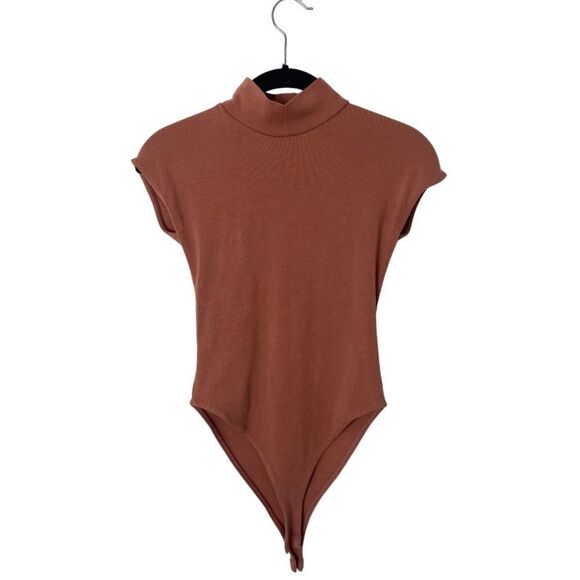 ZARA Ribbed High Neck Short Sleeve Bodysuit Size S Rust Brown - Picture 2 of 4